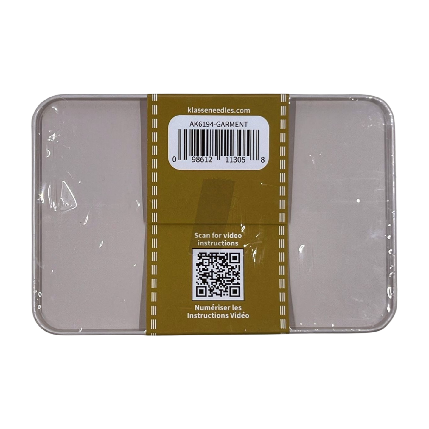 Clear plastic case with a label and QR code on a white background