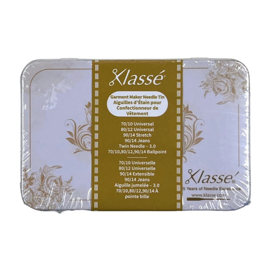 Klasse garment maker needle tin with decorative packaging on a white background