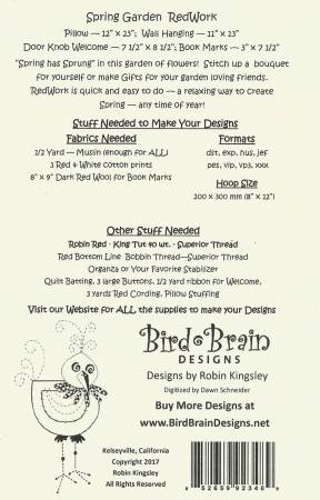 Bird Brain Designs Spring Garden Redwork CD # BBD126ME